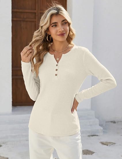 Women's Long Sleeve Waffle Knit Shirts Dressy Casual Loose Button Up V Neck Tops