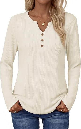 Women's Long Sleeve Waffle Knit Shirts Dressy Casual Loose Button Up V Neck Tops