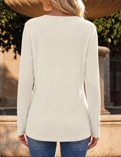 Women's Long Sleeve Waffle Knit Shirts Dressy Casual Loose Button Up V Neck Tops