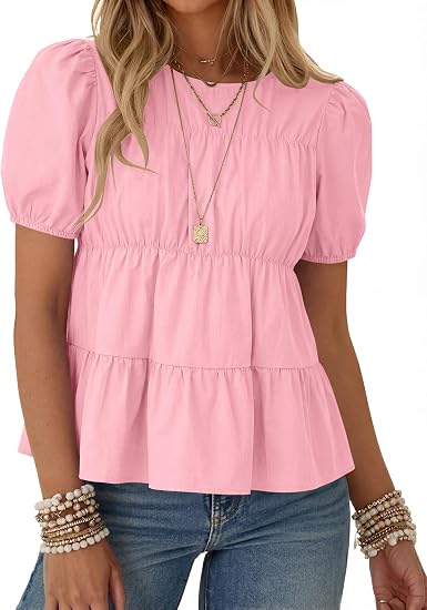 Womens Puff Short Sleeve Babydoll Tops Summer Peplum Pleated Cotton T Shirts Casual Loose Fit Flowy Blouses