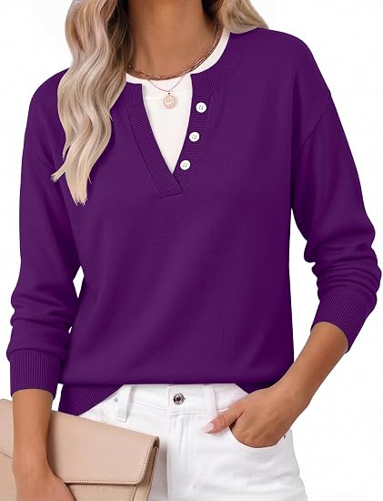 Women's Sweaters Long Sleeve Crew Neck Pullover Tops Dressy Outfits | 2 in 1 Faux Layer Knitted Oversized Tops