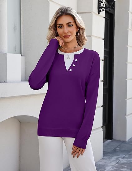Women's Sweaters Long Sleeve Crew Neck Pullover Tops Dressy Outfits | 2 in 1 Faux Layer Knitted Oversized Tops