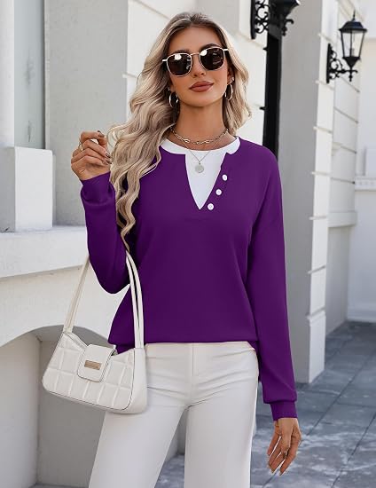 Women's Sweaters Long Sleeve Crew Neck Pullover Tops Dressy Outfits | 2 in 1 Faux Layer Knitted Oversized Tops